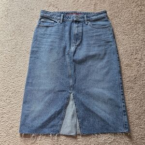 NWOT Lucky Brand Denim Midi Skirt Size 10 Blue Jean Skirt Front Slit Raw Hem Y2K